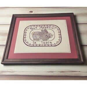 Vtg Completed CROSS STITCH Bon Appetit La Lapin Rabbit Framed Picture No Glass